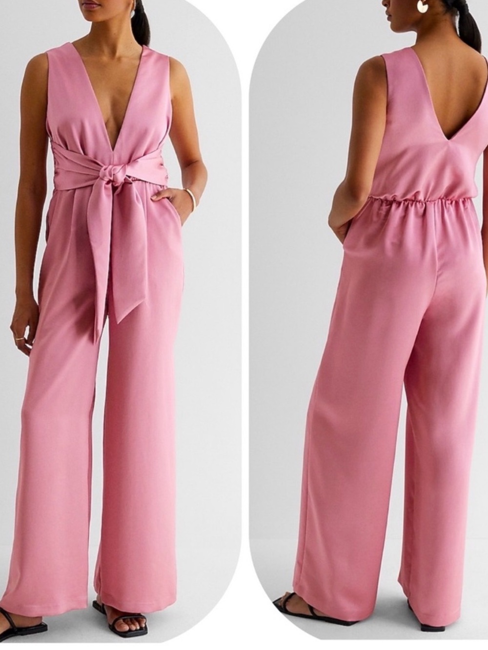 NWT Express Satin V-Neck Tie Waist Wide Leg Jumpsuit Pink X-Small S